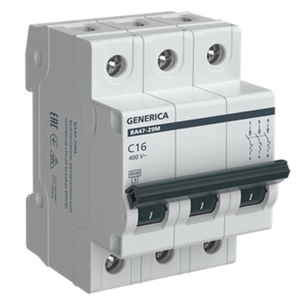 Автоматический выключатель Generica (ИЭК) ВА 47-29М 3Р 16А 4,5кА характеристика С (автомат электрический)