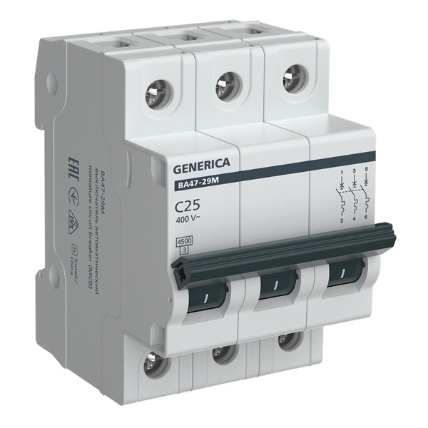 Автоматический выключатель Generica (ИЭК) ВА 47-29М 3Р 25А 4,5кА характеристика С (автомат электрический)