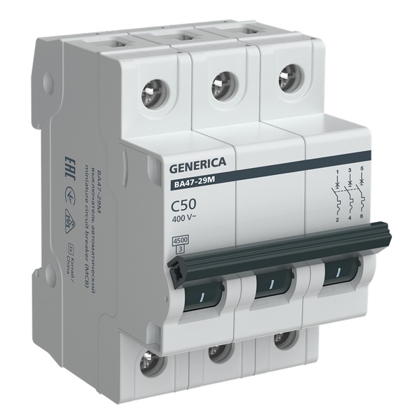 Автоматический выключатель Generica (ИЭК) ВА 47-29М 3Р 50А 4,5кА характеристика С (автомат электрический)