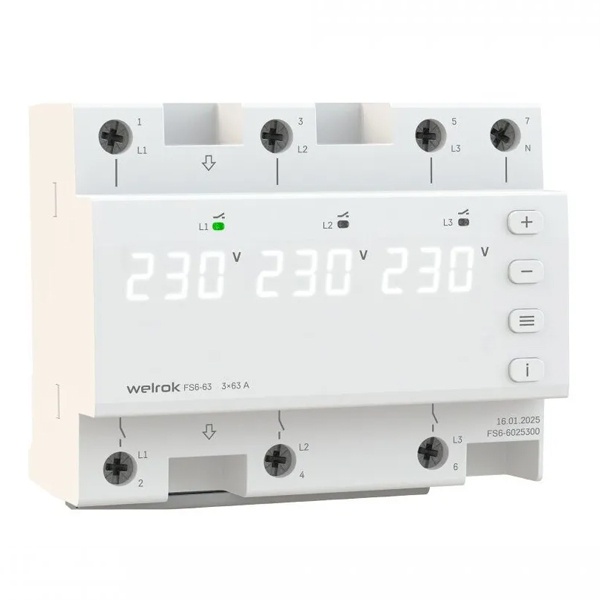 Переключатель фаз Welrok FS6-63 3Ф 3х63А (max 3х80A) 3х14490ВА белый 6м