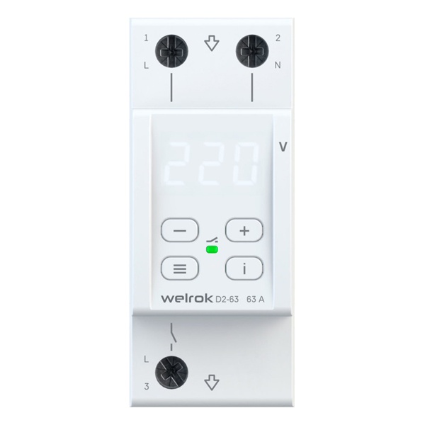 Реле контроля напряжения Welrok D2-63 1Ф 63А (max 80A) 13900ВА 4 клеммы белый 2м