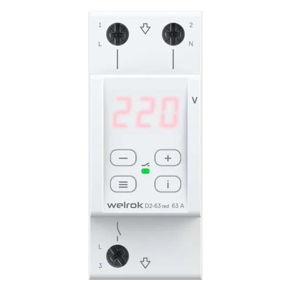 Реле контроля напряжения Welrok D2-63 red 1Ф 63А (max 80A) 13900ВА 4 клеммы белый 2м
