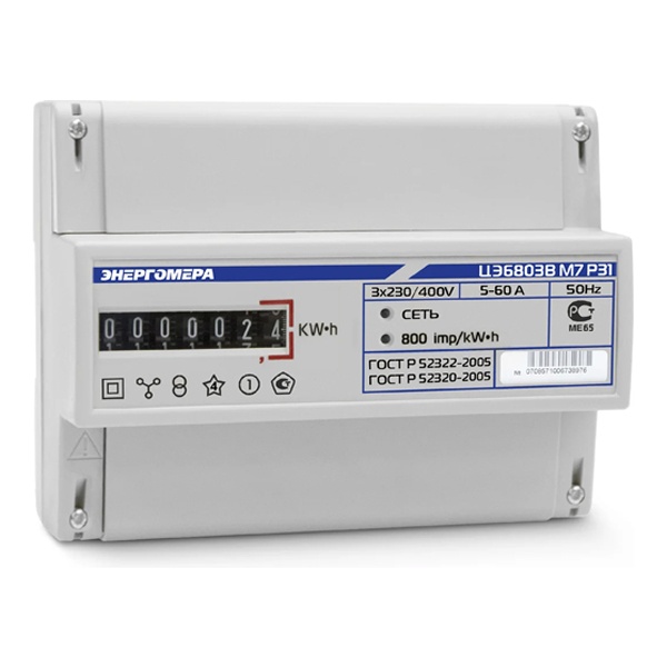 Счетчик трехфазный однотарифный Энергомера ЦЭ6803В 3ф 5-60А класс 1.0 DIN 230В 1 4 проводный М7Р31
