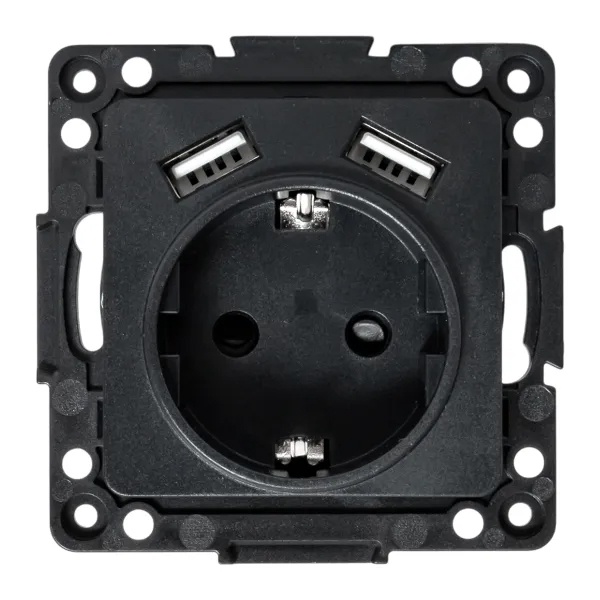 Механизм розетки EKF 2P+E 16А 2хUSB-А 2A с защитными шторками Стокгольм черный