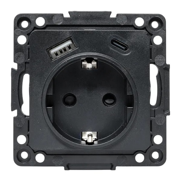 Механизм розетки EKF 2P+E 16А USB-А+C с защитными шторками Стокгольм черный