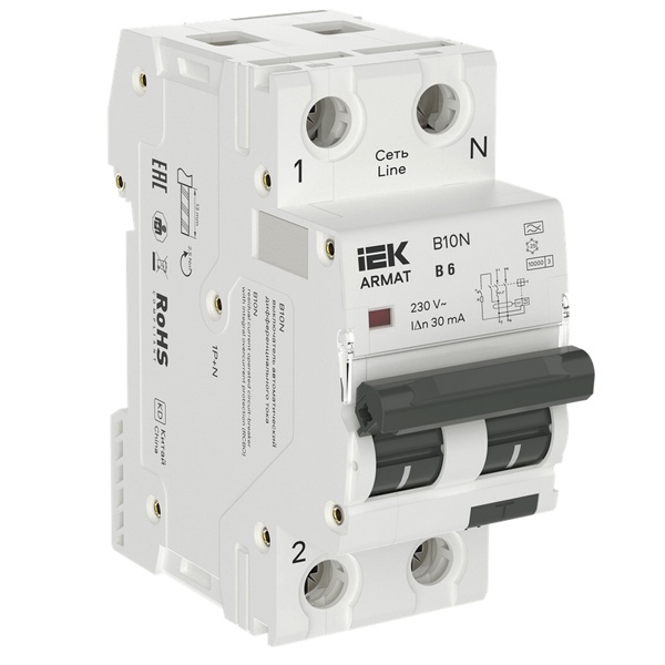 Дифференциальный автомат ИЭК ARMAT B10N 2П 1P+N B6А 30мА тип А однофазный электронный 10кА (дифавтомат, АВДТ)