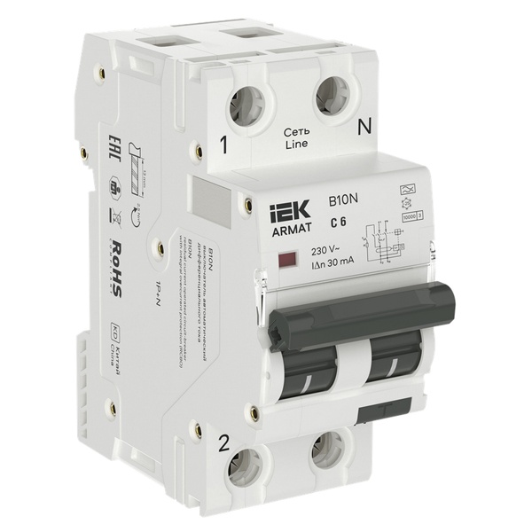 Дифференциальный автомат ИЭК ARMAT B10N 2П 1P+N C6А 30мА тип А однофазный электронный 10кА (дифавтомат, АВДТ)