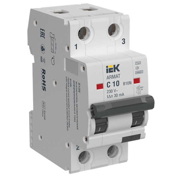 Дифференциальный автомат ИЭК ARMAT B10N 2П C10А 30мА тип А однофазный электромеханический 10кА (дифавтомат, АВДТ)