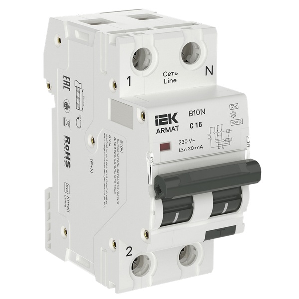Дифференциальный автомат ИЭК ARMAT B10N 2П 1P+N C16А 30мА тип А однофазный электронный 10кА (дифавтомат, АВДТ)