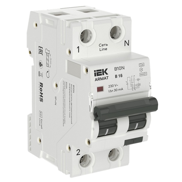 Дифференциальный автомат ИЭК ARMAT B10N 2П B16А 30мА тип А однофазный электромеханический 10кА (дифавтомат, АВДТ)
