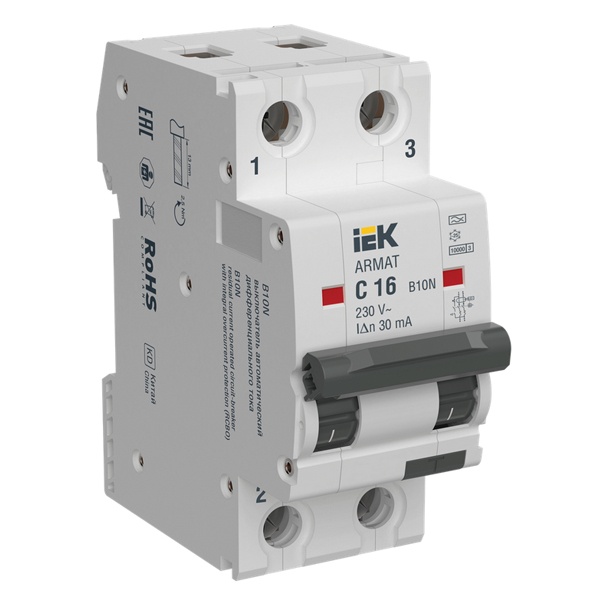 Дифференциальный автомат ИЭК ARMAT B10N 2П C16А 30мА тип А однофазный электромеханический 10кА (дифавтомат, АВДТ)