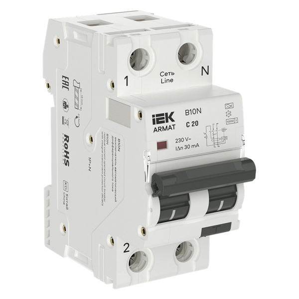 Дифференциальный автомат ИЭК ARMAT B10N 2П 1P+N C20А 30мА тип А однофазный электронный 10кА (дифавтомат, АВДТ)