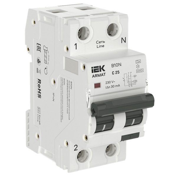 Дифференциальный автомат ИЭК ARMAT B10N 2П 1P+N C25А 30мА тип А однофазный электронный 10кА (дифавтомат, АВДТ)