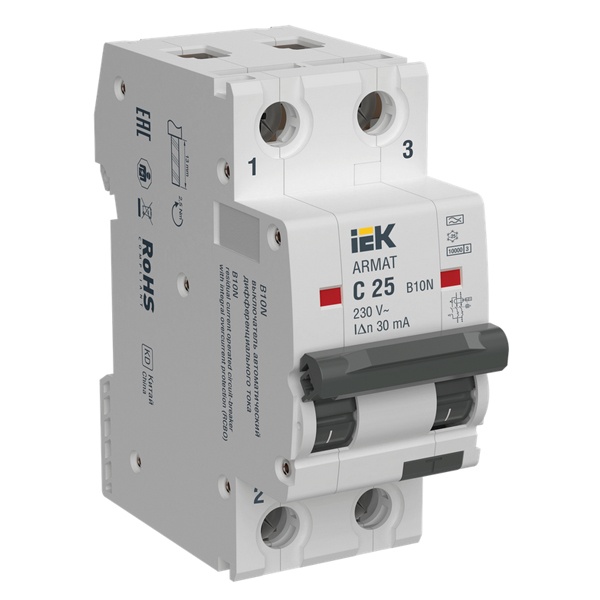 Дифференциальный автомат ИЭК ARMAT B10N 2П C25А 30мА тип А однофазный электромеханический 10кА (дифавтомат, АВДТ)