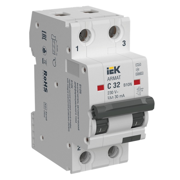 Дифференциальный автомат ИЭК ARMAT B10N 2П C32А 30мА тип А однофазный электромеханический 10кА (дифавтомат, АВДТ)