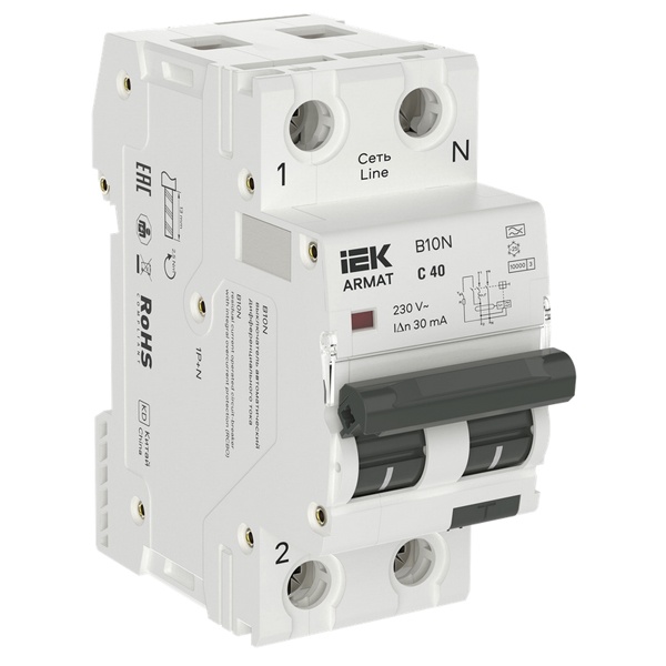 Дифференциальный автомат ИЭК ARMAT B10N 2П 1P+N C40А 30мА тип А однофазный электронный 10кА (дифавтомат, АВДТ)