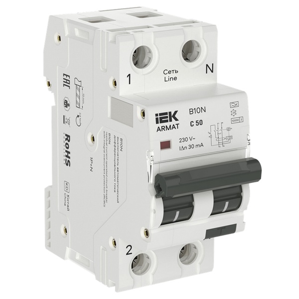 Дифференциальный автомат ИЭК ARMAT B10N 2П 1P+N C50А 30мА тип А однофазный электронный 10кА (дифавтомат, АВДТ)