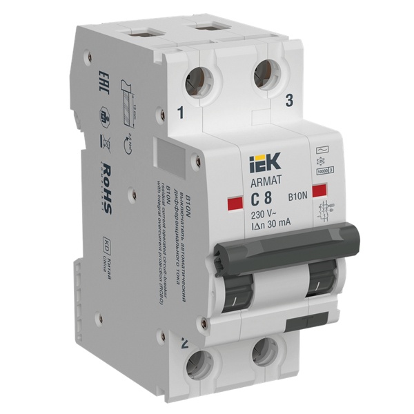 Дифференциальный автомат ИЭК ARMAT B10N 2П C8А 30мА тип AC однофазный электромеханический 10кА (дифавтомат, АВДТ)