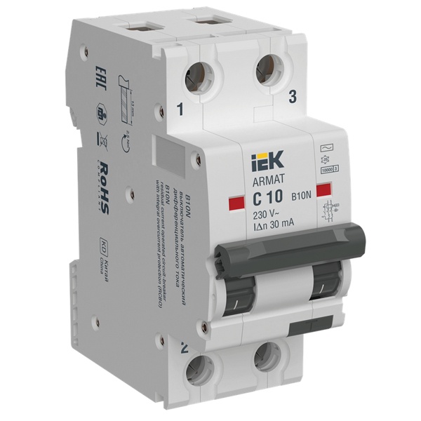 Дифференциальный автомат ИЭК ARMAT B10N 2П C10А 30мА тип AC однофазный электромеханический 10кА (дифавтомат, АВДТ)