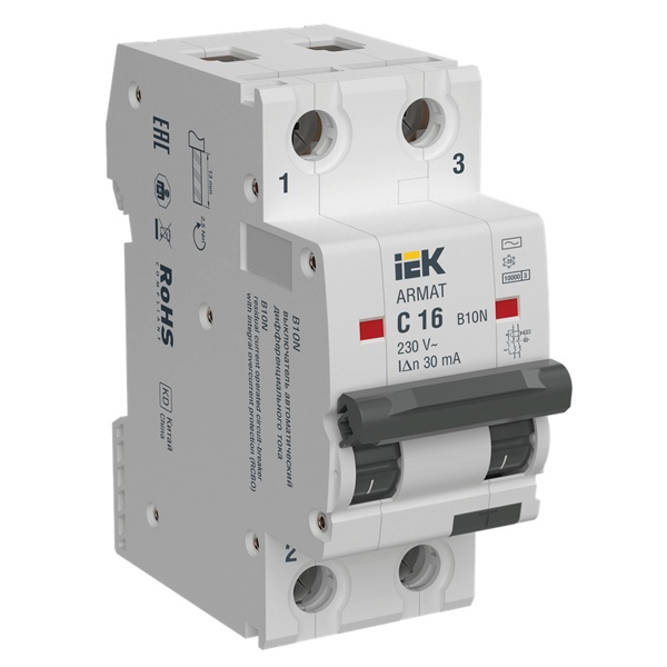 Дифференциальный автомат ИЭК ARMAT B10N 2П C16А 30мА тип AC однофазный электромеханический 10кА (дифавтомат, АВДТ)