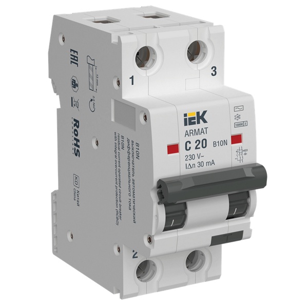 Дифференциальный автомат ИЭК ARMAT B10N 2П C20А 30мА тип AC однофазный электромеханический 10кА (дифавтомат, АВДТ)