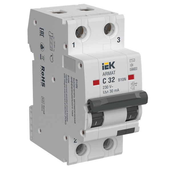 Дифференциальный автомат ИЭК ARMAT B10N 2П C32А 30мА тип AC однофазный электромеханический 10кА (дифавтомат, АВДТ)