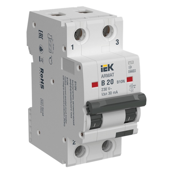 Дифференциальный автомат ИЭК ARMAT B10N 2П B20А 30мА тип AC однофазный электромеханический 10кА (дифавтомат, АВДТ)
