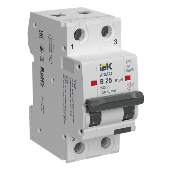 Дифференциальный автомат ИЭК ARMAT B10N 2П B25А 30мА тип AC однофазный электромеханический 10кА (дифавтомат, АВДТ)