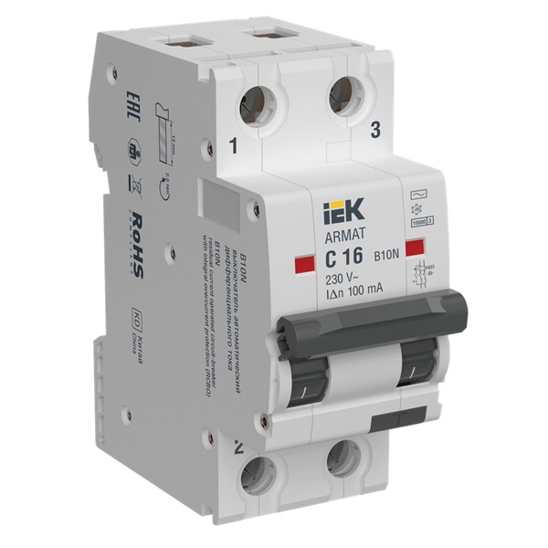 Дифференциальный автомат ИЭК ARMAT B10N 2П C16А 100мА тип AC однофазный электромеханический 10кА (дифавтомат, АВДТ)