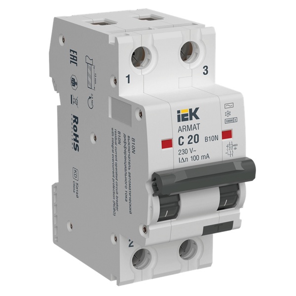 Дифференциальный автомат ИЭК ARMAT B10N 2П C20А 100мА тип AC однофазный электромеханический 10кА (дифавтомат, АВДТ)