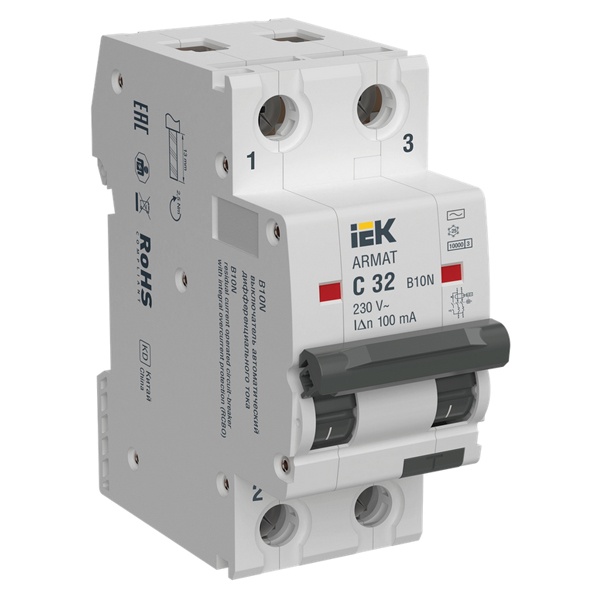Дифференциальный автомат ИЭК ARMAT B10N 2П C32А 100мА тип AC однофазный электромеханический 10кА (дифавтомат, АВДТ)