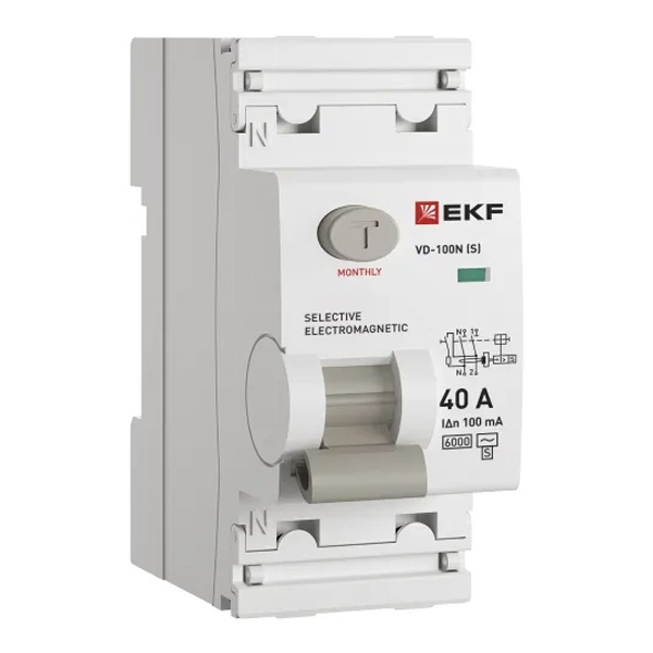 УЗО EKF PROxima ВД-100N (S) 2П 40А 100мА тип AC селективное 6кА (электромеханическое) (ВДТ)