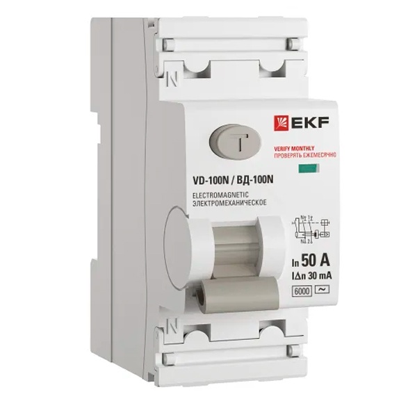 УЗО EKF PROxima ВД-100N 2П 50А 30мА тип AC 6кА (электромеханическое) (ВДТ)