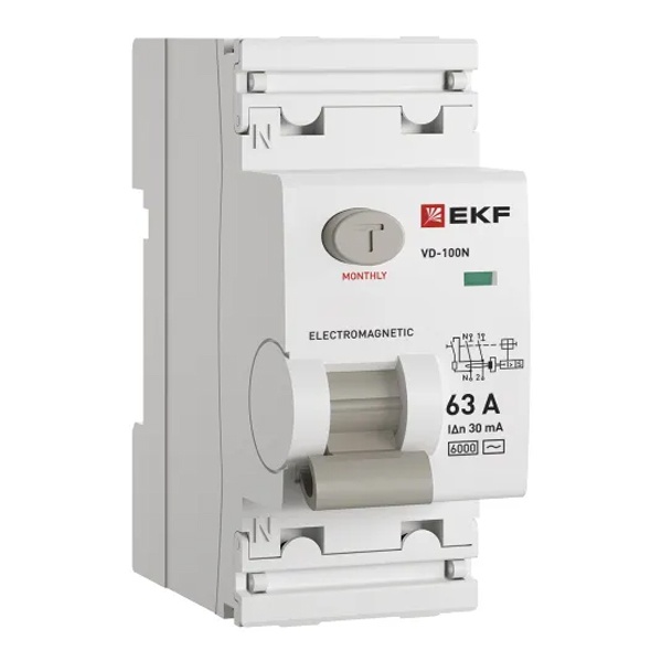 УЗО EKF PROxima ВД-100N 2П 63А 30мА тип AC 6кА (электромеханическое) (ВДТ)