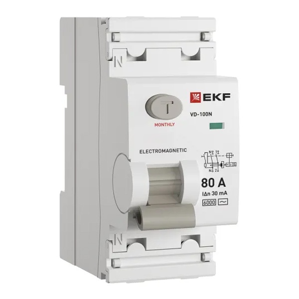 УЗО EKF PROxima ВД-100N 2П 80А 30мА тип AC 6кА (электромеханическое) (ВДТ)