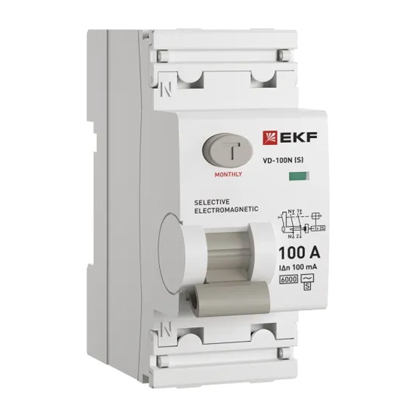 УЗО EKF PROxima ВД-100N (S) 2П 100А 100мА тип AC селективное 6кА (электромеханическое) (ВДТ)