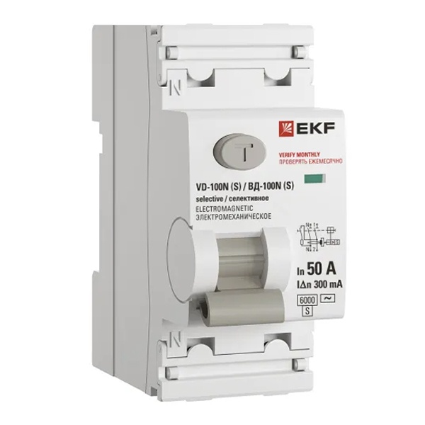 УЗО EKF PROxima ВД-100N (S) 2П 50А 300мА тип AC селективное 6кА (электромеханическое) (ВДТ)