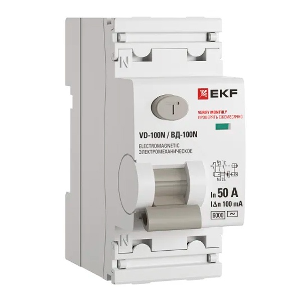 УЗО EKF PROxima ВД-100N 2П 50А 100мА тип AC 6кА (электромеханическое) (ВДТ)