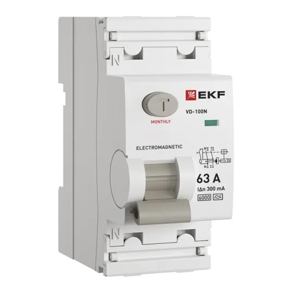 УЗО EKF PROxima ВД-100N 2П 63А 300мА тип A 6кА (электромеханическое) (ВДТ)