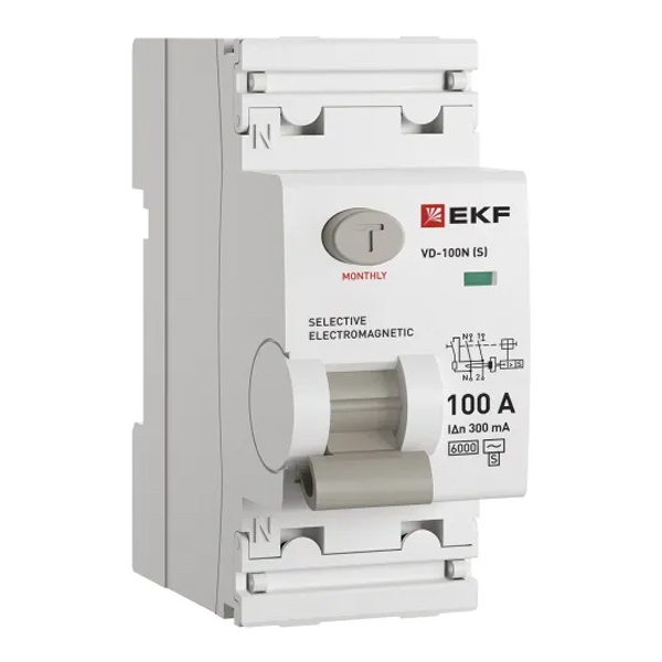 УЗО EKF PROxima ВД-100N (S) 2П 100А 300мА тип AC селективное 6кА (электромеханическое) (ВДТ)