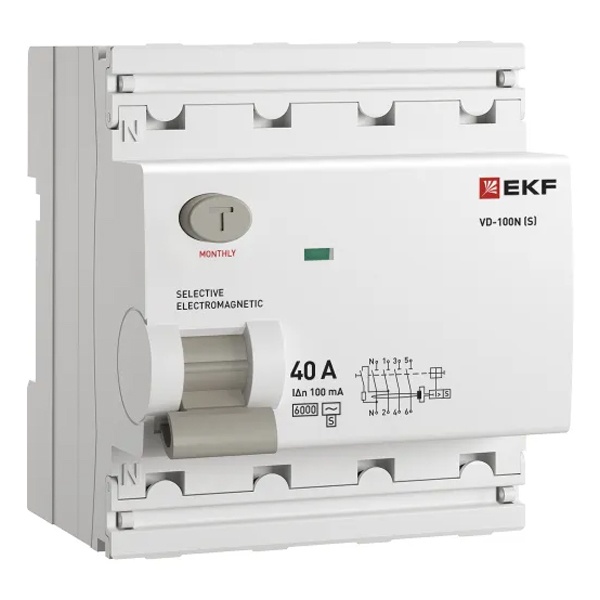 УЗО EKF PROxima ВД-100N (S) 4П 40А 100мА тип AC селективное 6кА (электромеханическое) (ВДТ)