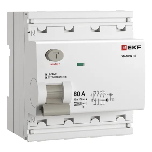 УЗО EKF PROxima ВД-100N (S) 4П 80А 100мА тип AC селективное 6кА (электромеханическое) (ВДТ)