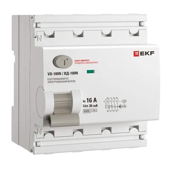 УЗО EKF PROxima ВД-100N 4П 16А 30мА тип AC 6кА (электромеханическое) (ВДТ)