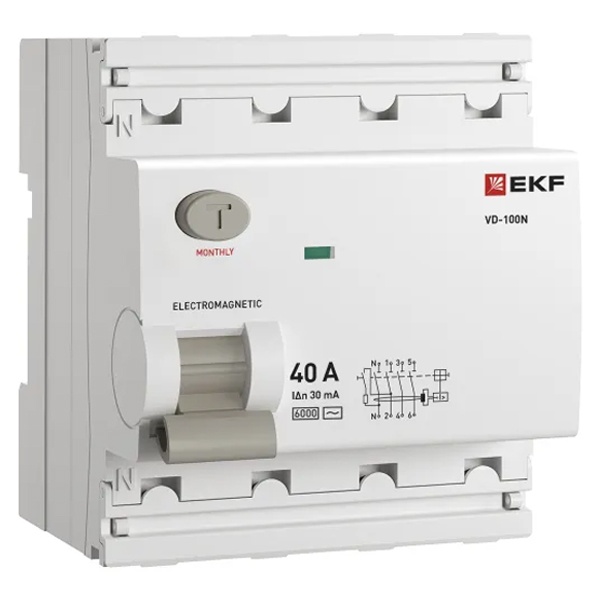 УЗО EKF PROxima ВД-100N 4П 40А 30мА тип AC 6кА (электромеханическое) (ВДТ)