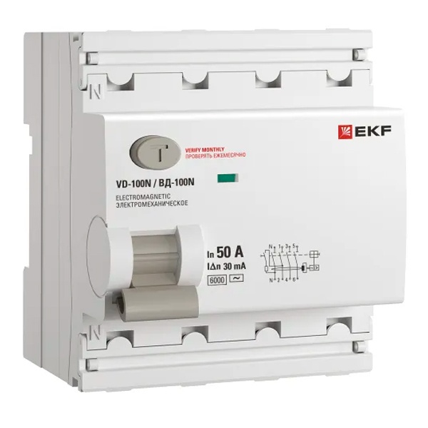 УЗО EKF PROxima ВД-100N 4П 50А 30мА тип AC 6кА (электромеханическое) (ВДТ)
