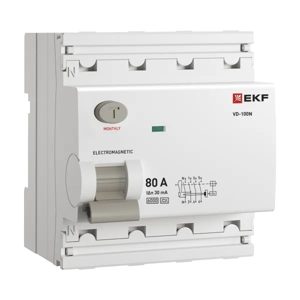 УЗО EKF PROxima ВД-100N 4П 80А 30мА тип A 6кА (электромеханическое) (ВДТ)