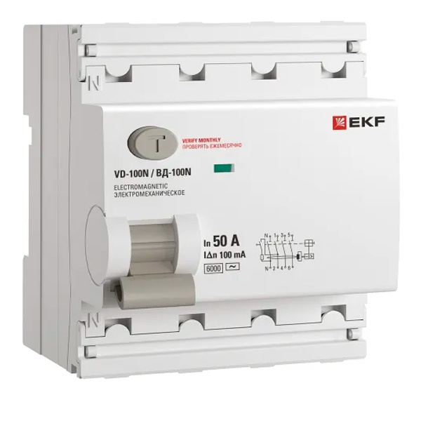 УЗО EKF PROxima ВД-100N 4П 50А 100мА тип AC 6кА (электромеханическое) (ВДТ)