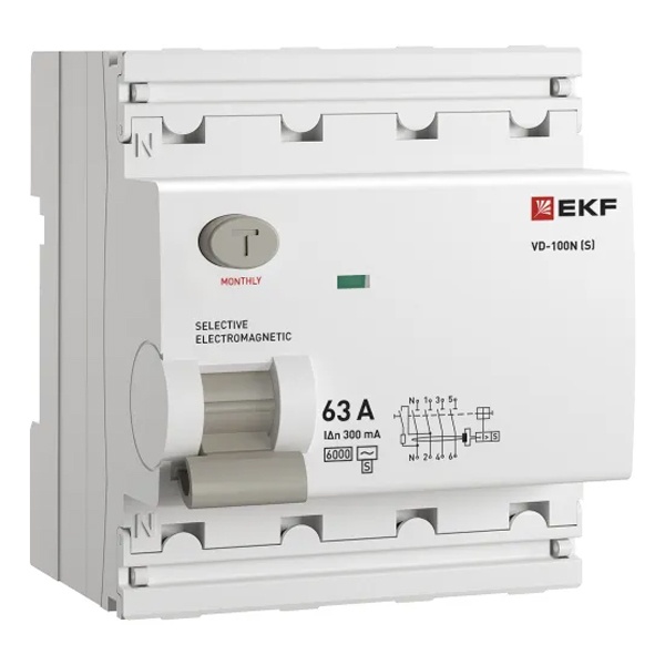 УЗО EKF PROxima ВД-100N (S) 4П 63А 300мА тип AC селективное 6кА (электромеханическое) (ВДТ)