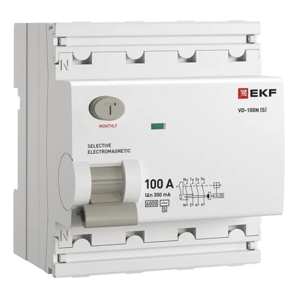 УЗО EKF PROxima ВД-100N (S) 4П 100А 300мА тип AC селективное 6кА (электромеханическое) (ВДТ)