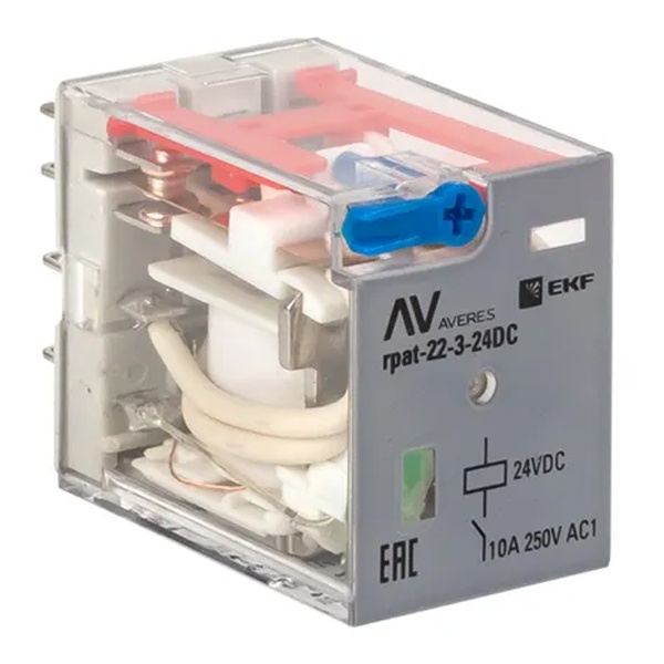 Реле промежуточное с кнопкой и механической индикацией EKF AVERES RPAt 22/3 10A 24В DC